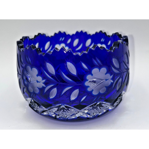 Vintage Czech Bohemian Blue Cobalt Cut to Clear Oval Sawtooth Crystal Bowl - Picture 4 of 16